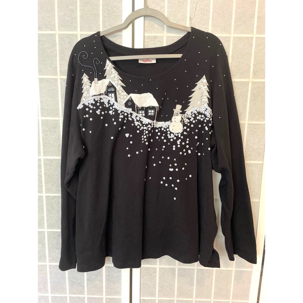 Quacker Factory Black Winter Village Snow Scene Embellished Top Long Sleeve 2X